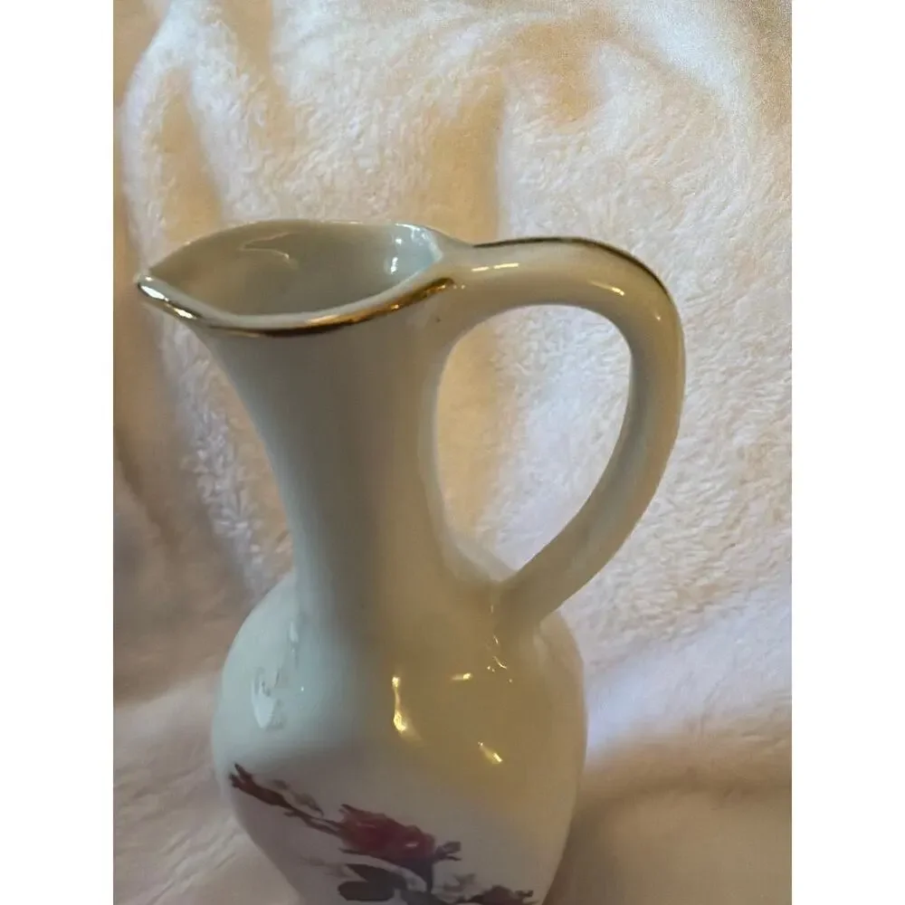 Vintage Porcelain Bud Vase Mini Pitcher Pink Rose Floral Gold Trim 6